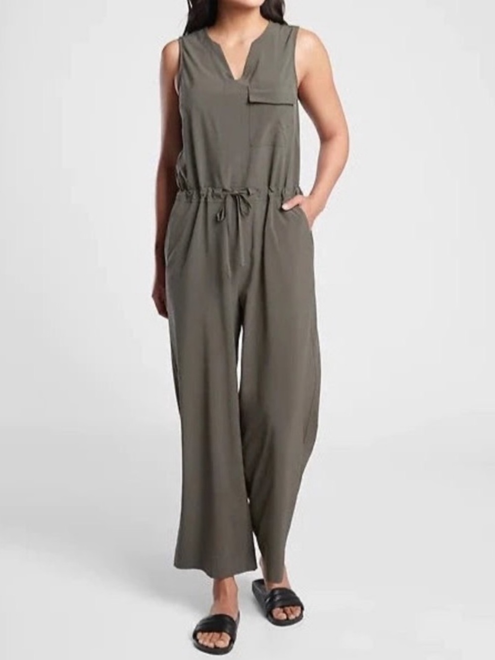 NWT Athleta Topanga Jumpsuit Crop Leg‎ Wide Leg Pockets Mountain Olive Green 1X